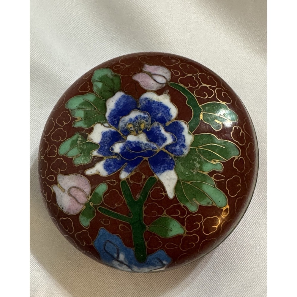 Vintage Collectible Cloisonne Enamel Inlay Brass Round Floral Trinket Box